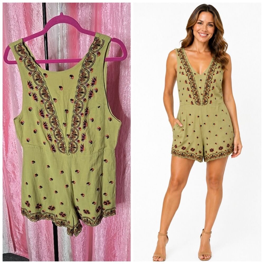 Free People Margarita Embroidered in Moss Romper Size 4 NWT